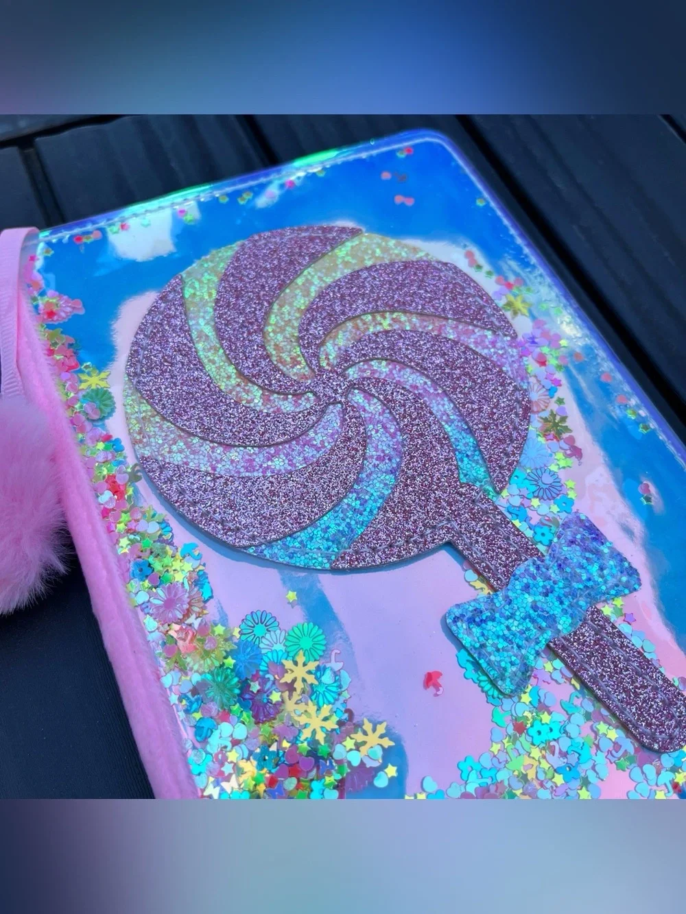 Holographic Kawaii Pink Blue Lollipop with Bow Glitter Notebook